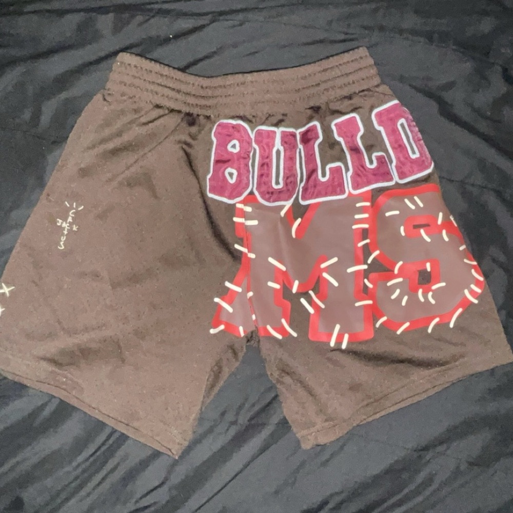 Travis Scott Brown Athletic Shorts with Red and Purple Lettering